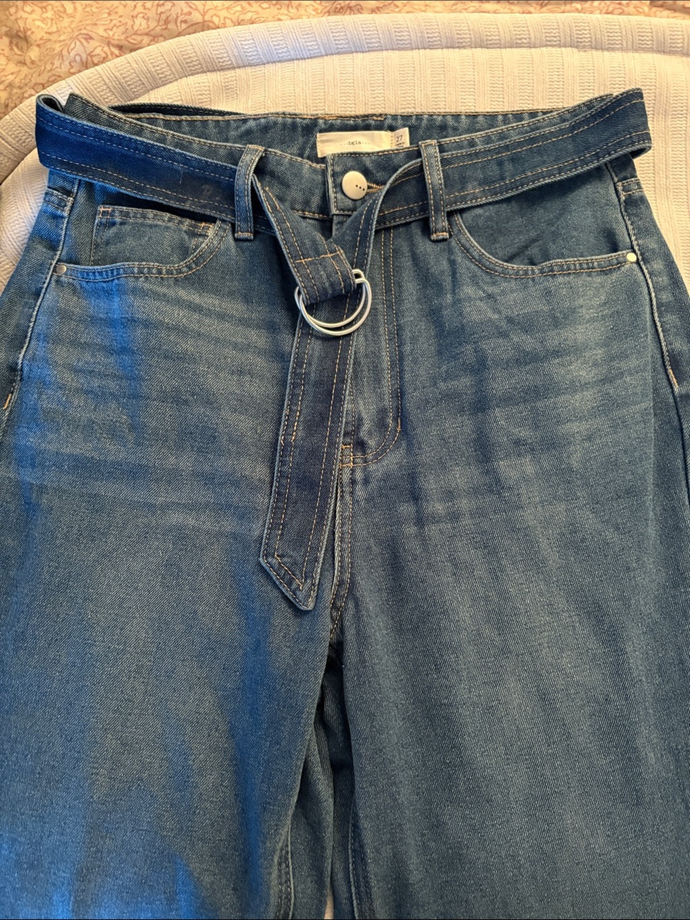 High-Rise Blue Denim Jeans with D-Ring Belt